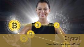 Presentation with graphic - PPT theme having digital composite of businesswoman touching bit coin graphic icons background and a gold colored foreground