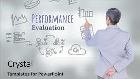  Presentation with performance evaluation - PPT theme enhanced with digital composite of businesswoman touching performance evaluation text with drawings graphics background and a light gray colored foreground