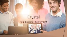  Presentation with video conferencing - Cool new slide set with digital composite of casual businessman video conferencing with colleagues holding champagne glasses backdrop and a lemonade colored foreground