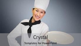 Presentation with chef - Cool new slide deck with digital composite of chef with plate against grey background backdrop and a light gray colored foreground