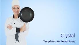  Presentation with frying - Audience pleasing PPT theme consisting of digital composite of chef with frying pan against blue background backdrop and a sky blue colored foreground