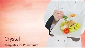  Presentation with food red - Audience pleasing PPT theme consisting of digital composite of chef with plate of food against blurry red wood background backdrop and a lemonade colored foreground