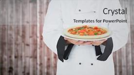  Presentation with wood panel - Cool new slides with digital composite of chef with pizza against blurry wood panel backdrop and a light gray colored foreground