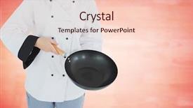  Presentation with wood panel - Theme consisting of digital composite of chef with wok against blurry red wood panel background and a lemonade colored foreground