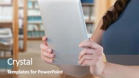  Presentation with digital library - Amazing slide set having digital composite of child on tablet in library backdrop and a coral colored foreground