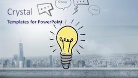  Presentation with chat - Cool new PPT theme with digital composite of colourful lightbulb with chat bubble drawings graphics backdrop and a sky blue colored foreground