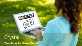  Presentation with chat - Colorful presentation design enhanced with digital composite of comment text and chat graphic on laptop screen with woman backdrop and a tawny brown colored foreground