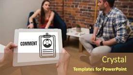  Presentation with graphic - Presentation theme consisting of digital composite of comment text and graphic on tablet screen with people background and a tawny brown colored foreground