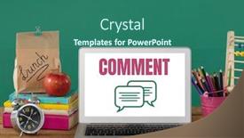  Presentation with chat - Colorful presentation design enhanced with digital composite of comment text and chat graphic on laptop screen with education items backdrop and a ocean colored foreground