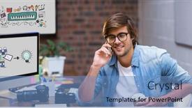  Presentation with displaying - Slide set having digital composite of creative businessman using smart phone by screens displaying icons background and a teal colored foreground