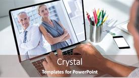  Presentation with video conferencing - Colorful presentation theme enhanced with digital composite of cropped image of businessman video conferencing in office backdrop and a tawny brown colored foreground