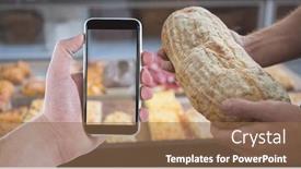  Presentation with coffee shop - Beautiful slide deck featuring digital composite of cropped image of people holding smart phone and bread in coffee shop backdrop and a coral colored foreground