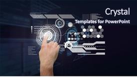  Presentation with hand touching finger digital - Colorful slide deck enhanced with digital composite of cropped image backdrop and a  colored foreground