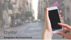  Presentation with smart city - Slides consisting of digital composite of cropped image of hands using smart phone with blank screen on city street background and a light gray colored foreground