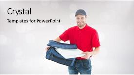  Presentation with pizza delivery - PPT theme having digital composite of delivery man background and a light gray colored foreground