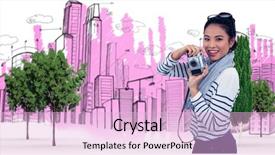  Presentation with digital image - PPT theme having digital composite of digital composite image of woman holding camera against buildings background and a lavender colored foreground