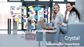  Presentation with digital technologies - PPT theme with digital composite of digital composite image of businesswomen with technologies sitting by new idea icons background and a seafoam green colored foreground