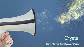  Presentation with shapes - Presentation design having digital composite of digitally generated image of shapes emitting megaphone hold by person background and a ocean colored foreground