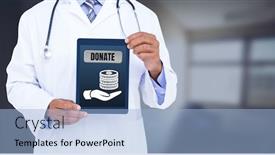  Presentation with charity - Audience pleasing PPT theme consisting of digital composite of doctor holding tablet with donate button and hand giving money for charity icon backdrop and a light blue colored foreground