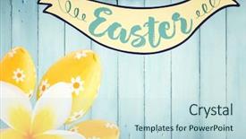  Presentation with yellow wood - Beautiful presentation theme featuring digital composite of easter banner with yellow flower and eggs against blue wood panel backdrop and a sky blue colored foreground