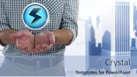  Presentation with electric icon - Presentation design having digital composite of electric lightning icon and businessman with hands palm open in city office background and a light blue colored foreground