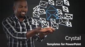 Presentation with email - Presentation enhanced with digital composite of email message app icons and businessman with hands palm open and dark background background and a dark gray colored foreground