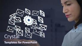  Presentation with human hands open palm up - Beautiful presentation featuring digital composite of email message cog app icons and businesswoman with hands palm open and dark background backdrop and a tawny brown colored foreground