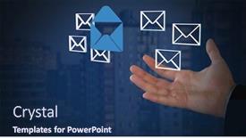  Presentation with email - Colorful theme enhanced with digital composite of email message app icons and businessman with hand palm open and dark background backdrop and a navy blue colored foreground