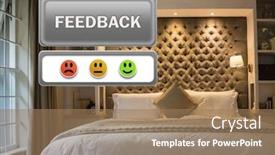  Presentation with feedback review - Theme enhanced with digital composite of feedback button and smiley satisfaction faces review in accommodation bedroom background and a coral colored foreground
