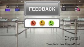  Presentation with feedback review - Presentation theme having digital composite of feedback button and smiley satisfaction faces review in airport background and a light gray colored foreground