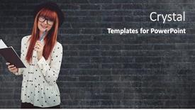  Presentation with digital book - Slide deck with digital composite of female hipster holding book against wall background and a dark gray colored foreground
