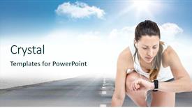  Presentation with runner - Audience pleasing PPT theme consisting of digital composite of female runner with headphones on road against sky and sun backdrop and a cool aqua colored foreground