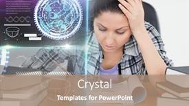  Presentation with education graphics - Beautiful slide set featuring digital composite of female student studying with notes and science education interface graphics overlay backdrop and a coral colored foreground