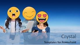  Presentation with digital technologies - Beautiful slides featuring digital composite of friends with emojis over faces using technologies in sky backdrop and a light blue colored foreground