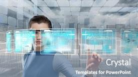  Presentation with abstract digital business interface - PPT theme with digital composite of futuristic room background and a seafoam green colored foreground