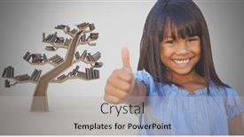  Presentation with digital books - Cool new slides with digital composite of girl against grey background with thumbs up and tree of books backdrop and a light gray colored foreground