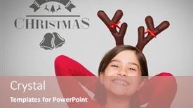  Presentation with antlers - PPT theme with digital composite of girl against grey background with reindeer antlers and merry christmas text background and a coral colored foreground