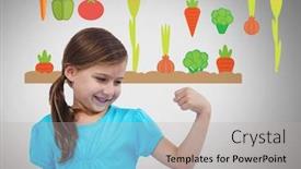  Presentation with flexing - Cool new slides with digital composite of girl against grey background with flexing arm muscles and vegetables backdrop and a light gray colored foreground