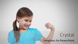  Presentation with flexing - Beautiful presentation theme featuring digital composite of girl against grey background with flexing arm muscles backdrop and a light gray colored foreground