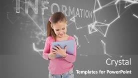  Presentation with information technology - Presentation having digital composite of girl against grey background with tablet and information technology graphics background and a gray colored foreground