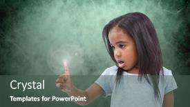  Presentation with glow - Cool new PPT theme with digital-composite-of-girl-touching backdrop and a dark gray colored foreground