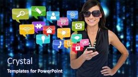  Presentation with smartphone app - PPT layouts enhanced with digital composite of glamorous brunette using smartphone with app icons background and a navy blue colored foreground