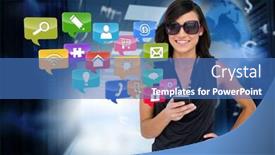  Presentation with smartphone app - Presentation design featuring digital composite of glamorous brunette using smartphone with app icons background and a teal colored foreground