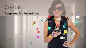  Presentation with smartphone app - Presentation design enhanced with digital composite of glamorous brunette using smartphone with app icons background and a light gray colored foreground