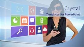  Presentation with smartphone app - Beautiful presentation design featuring digital composite of glamorous brunette using smartphone with app icon menu backdrop and a light blue colored foreground
