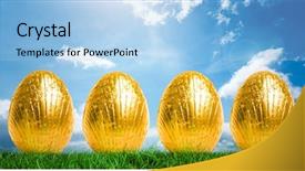  Presentation with blue gold - Presentation theme consisting of digital composite of gold easter eggs in front of blue sky background and a light blue colored foreground