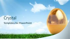  Presentation with gold egg - Presentation featuring digital composite of gold easter egg in front of blue sky background and a sky blue colored foreground