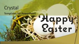  Presentation with teal - PPT theme having digital composite of grey easter graphic against white eggs in nest on teal table background and a gold colored foreground