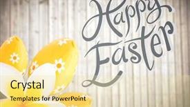  Presentation with yellow wood - Presentation theme featuring digital composite of grey type with yellow flower and eggs type against blurry wood panel background and a blonde colored foreground