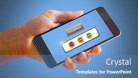  Presentation with feedback review - Presentation enhanced with digital composite of hand holding phone with feedback review satisfaction smiley face icons background and a teal colored foreground